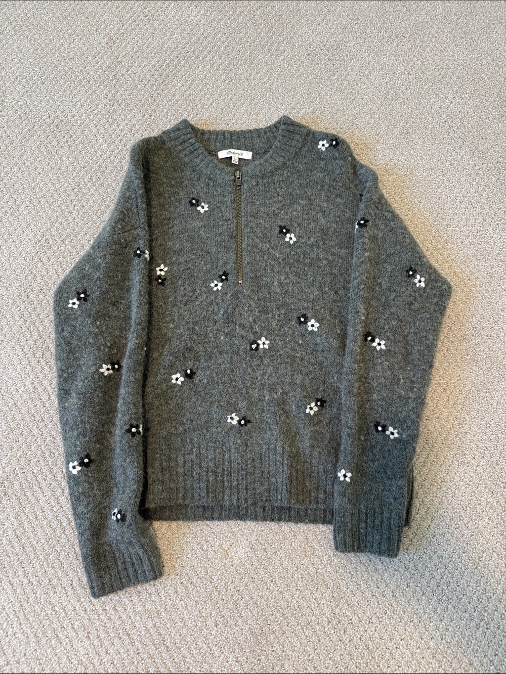 Madewell Gray Floral Half-Zip Sweater